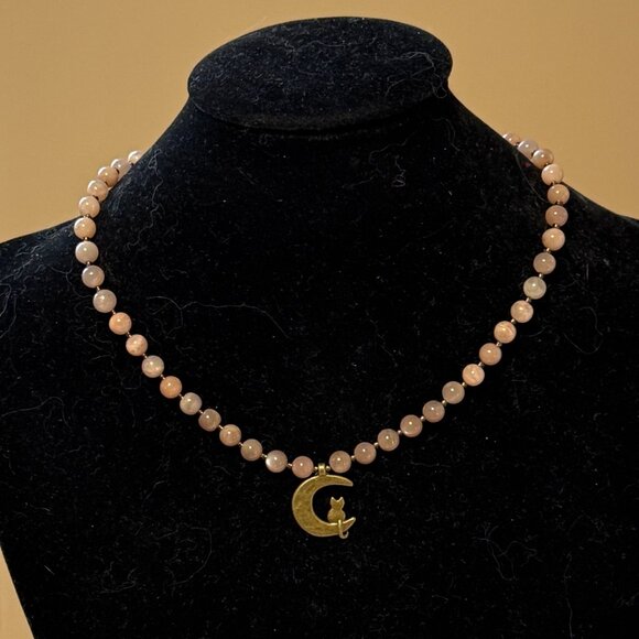 Peach Moonstone Bronze Cat on the Moon Necklace, Genuine Gemstone Beaded Choker - Picture 3 of 14